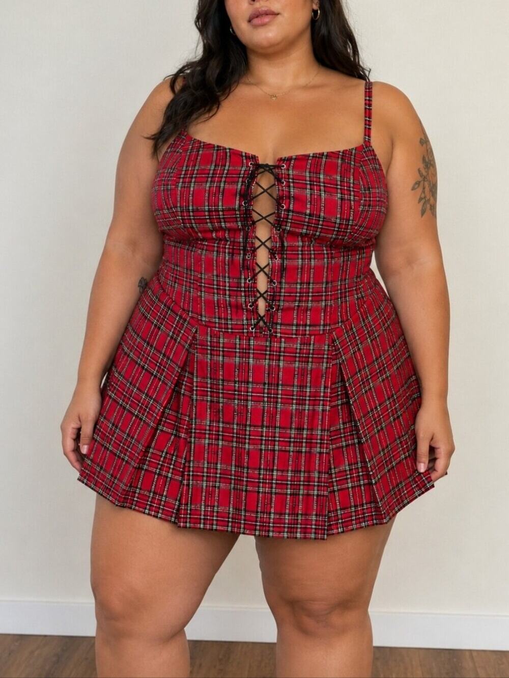 Vintage 90s Lip Service Red Pleated Plaid Lace Up Mini Skater Dress 2X